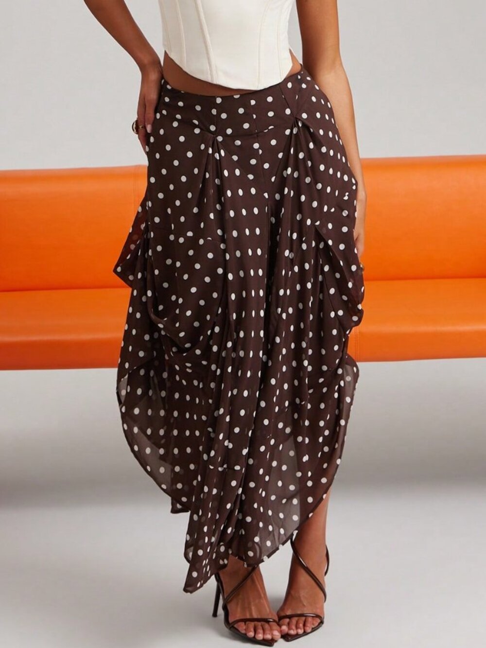 Multicolor Casual Women's Polka Dot Midi Length Asymmetrical Skirt - Picture 6 of 7